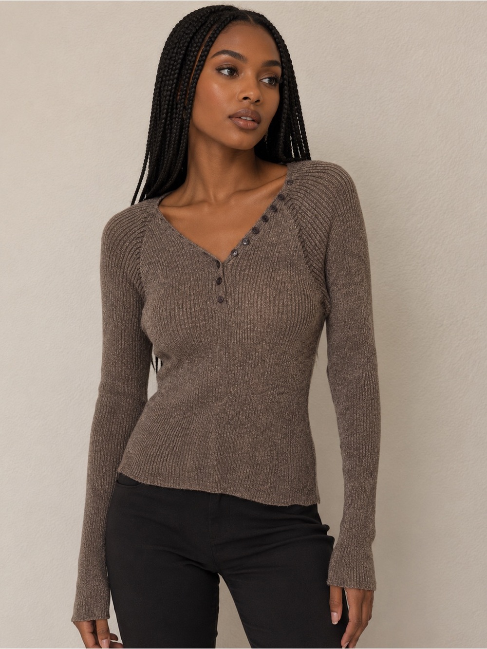 Women's Brown Long Sleeve V-Neck Henley Knit Top